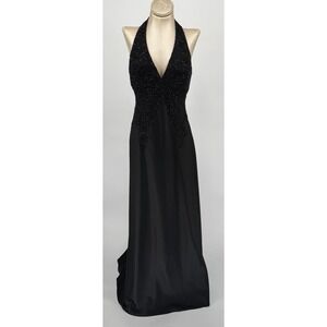 VTG Xscape Joanna Chen Black Beaded Halter Gown Y2K Prom Whimsigoth Maxi Dress 8